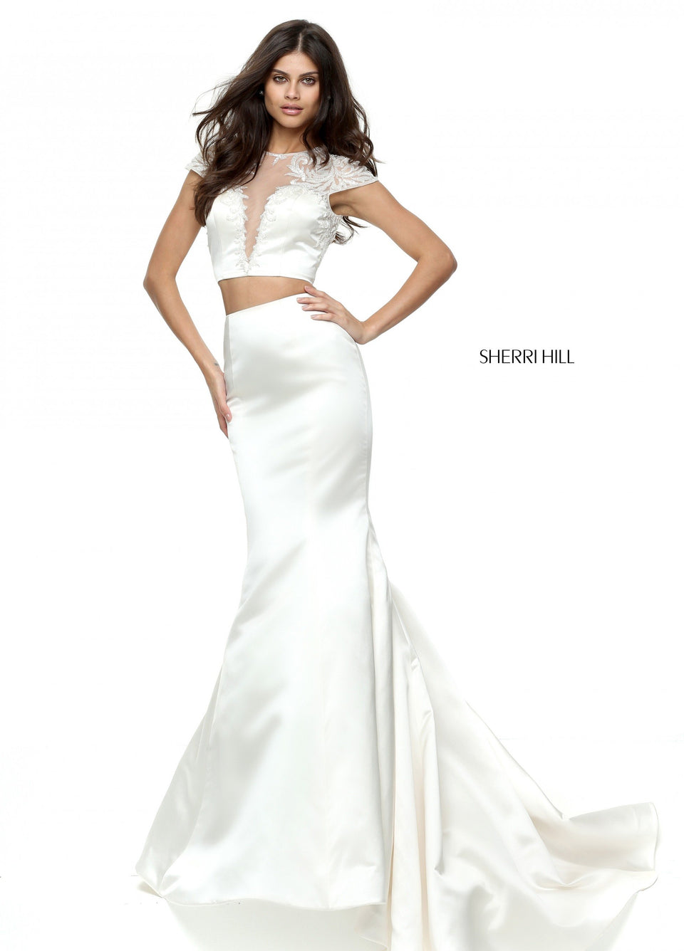 sherri hill Two-piece satin mermaid with a cap sleeve bodice
