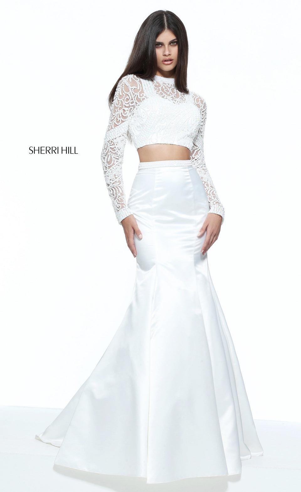 Sherri Hill Two-piece Satin Mermaid With A Long Sleeve Beaded Bodice