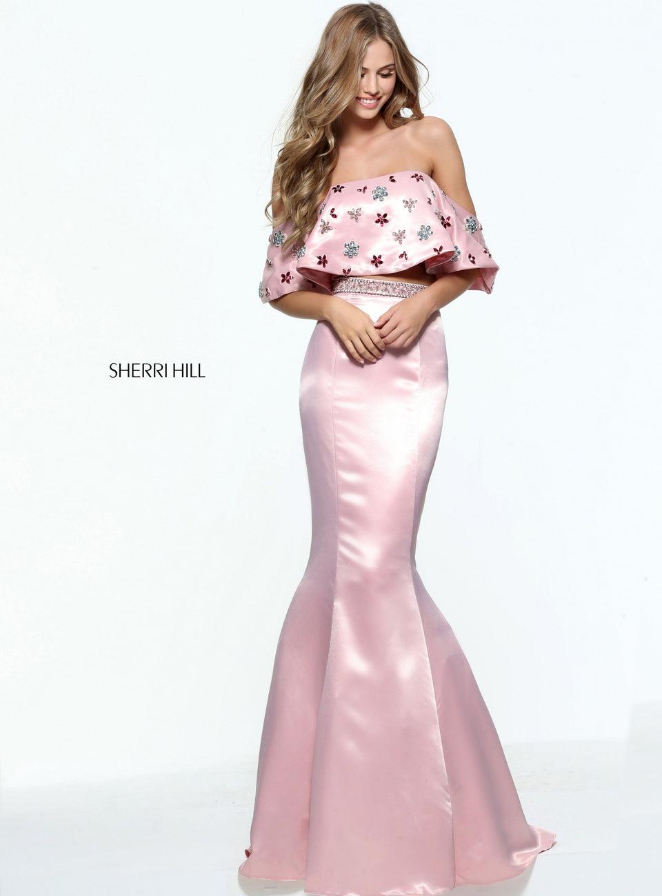 sherri hill Two-piece satin mermaid with an off-the-shoulder beaded bodice