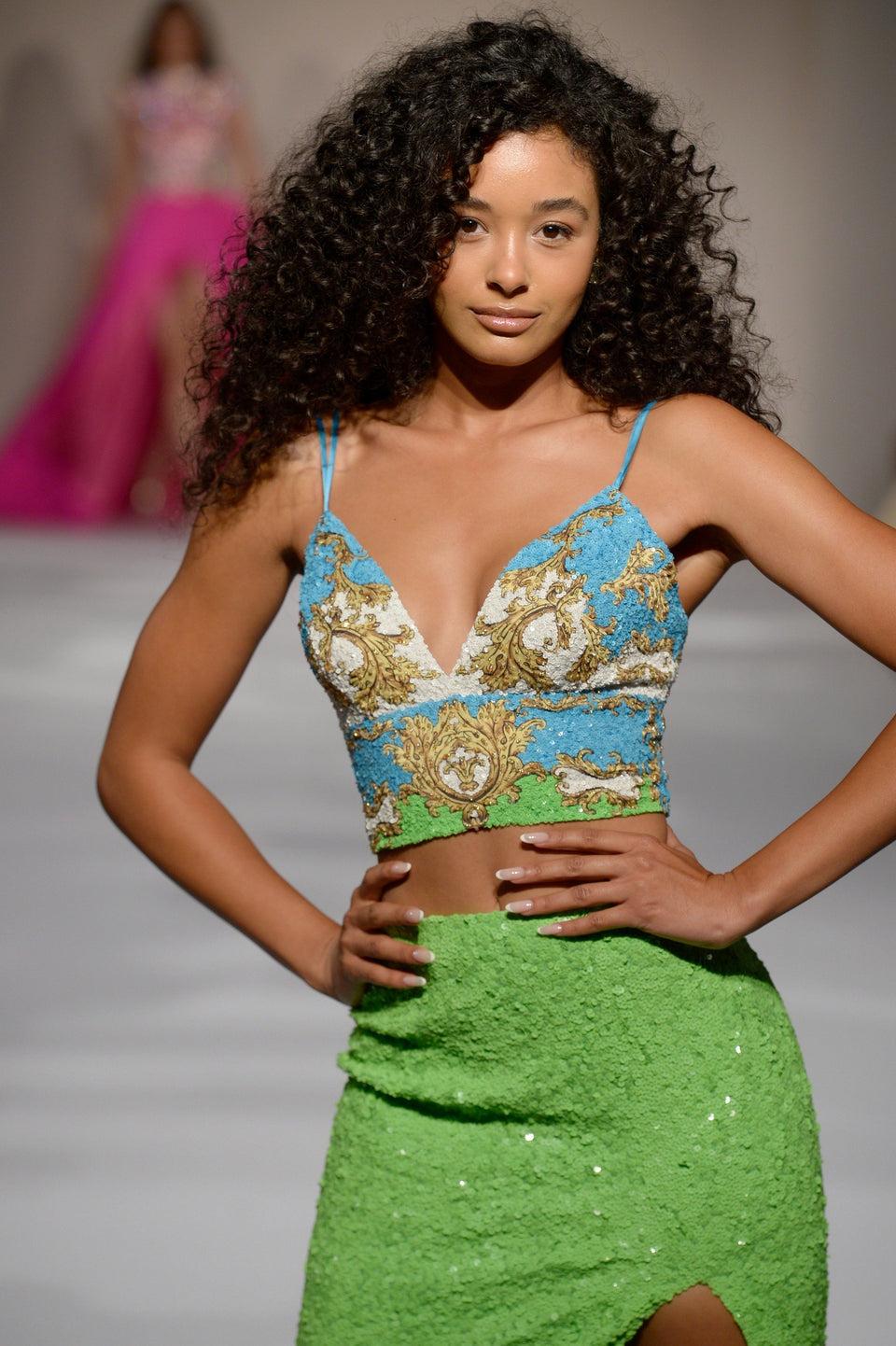 sherri hill Two-piece sequin gown with V-neckline and high slit skirt sherri hill Two-piece sequin gown with V-neckline and high slit skirt