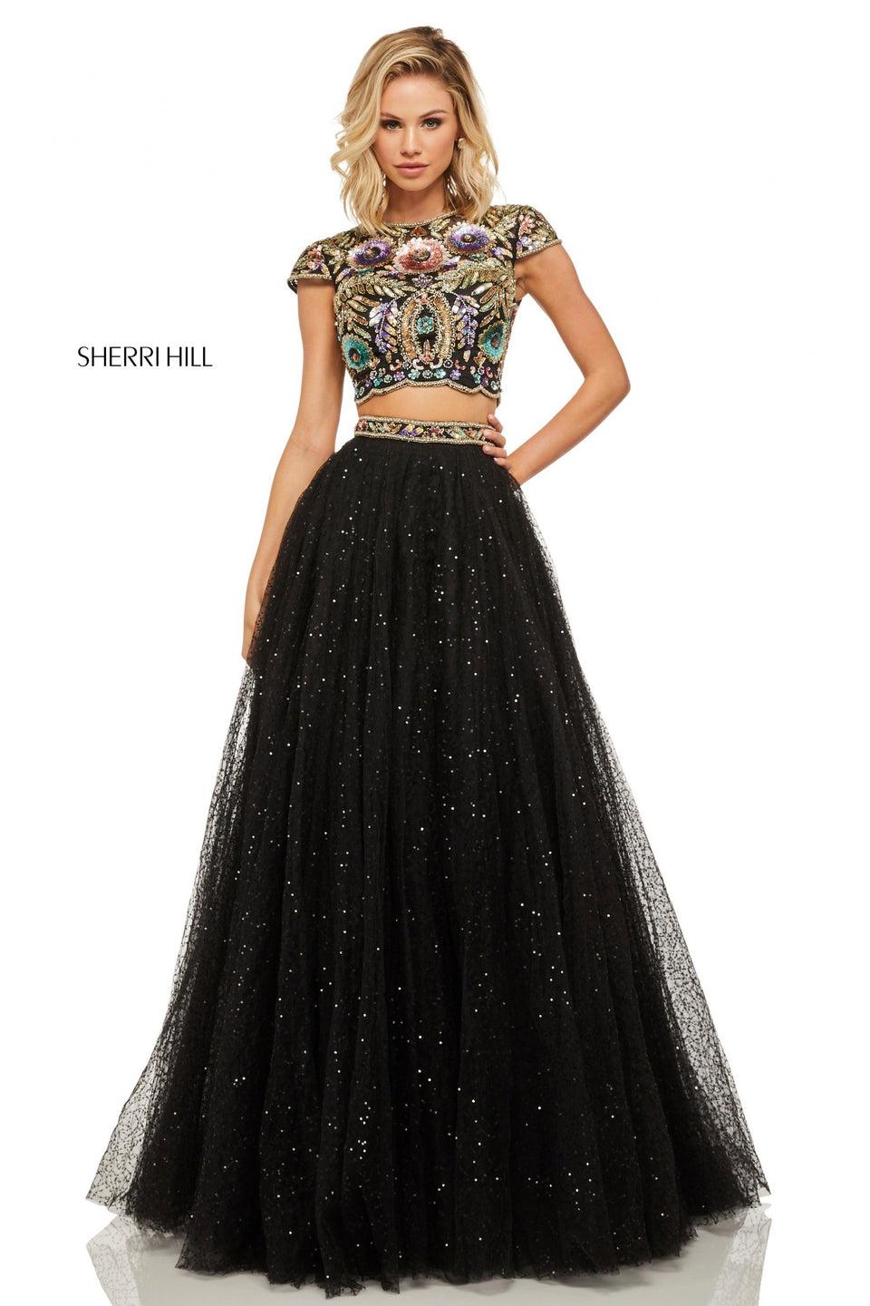 sherri hill Two-piece sequin tulle ball gown with beaded cap sleeve bodice and keyhole back