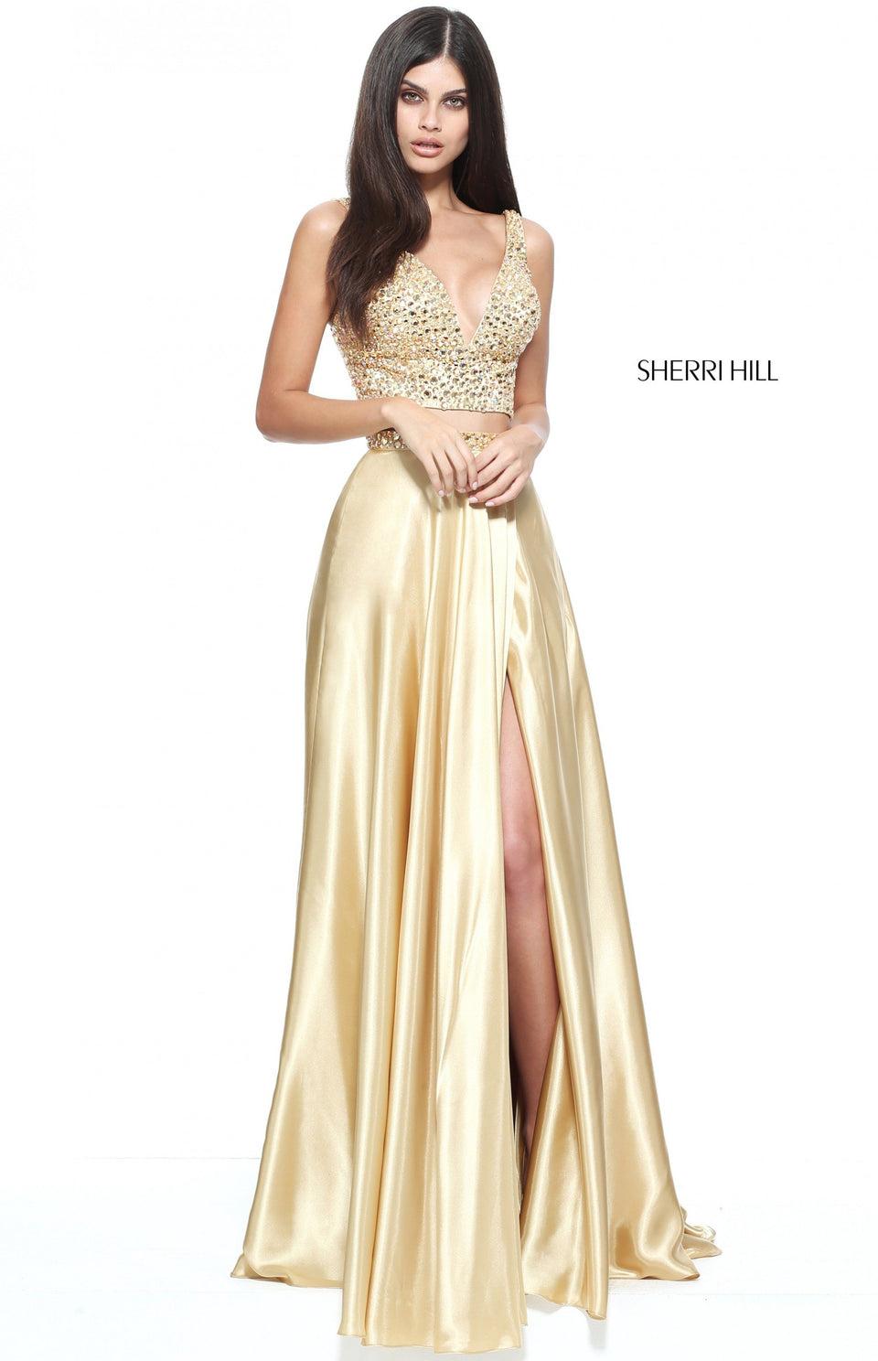 Sherri Hill Two-piece Silk Charmeuse Gown With A V-neck Beaded Bodice And Waist Band