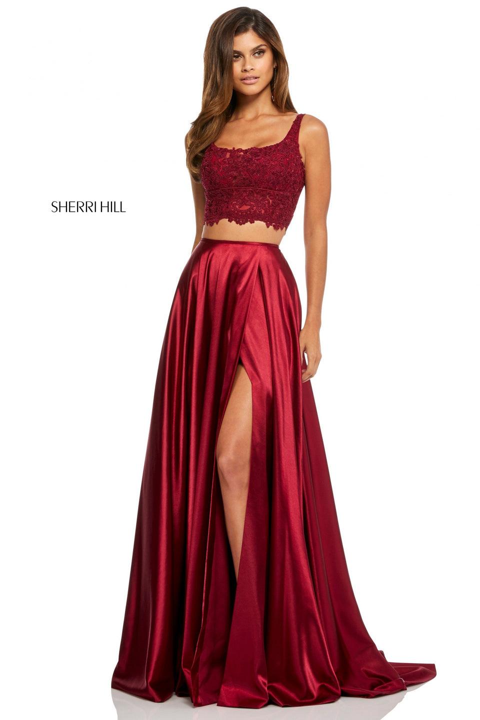 sherri hill Two-piece silk satin slit skirt with lace top