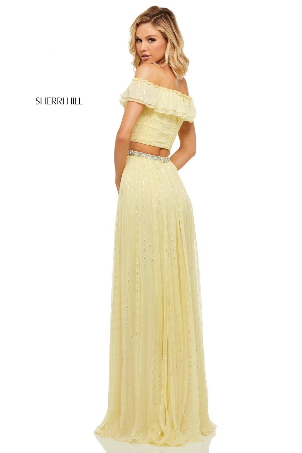 Sherri Hill Two-piece Smocked Off-the-shoulder Top With Ruffle Neckline And Chiffon Skirt With Jewel Encrusted Waistband And Metallic Print Detail