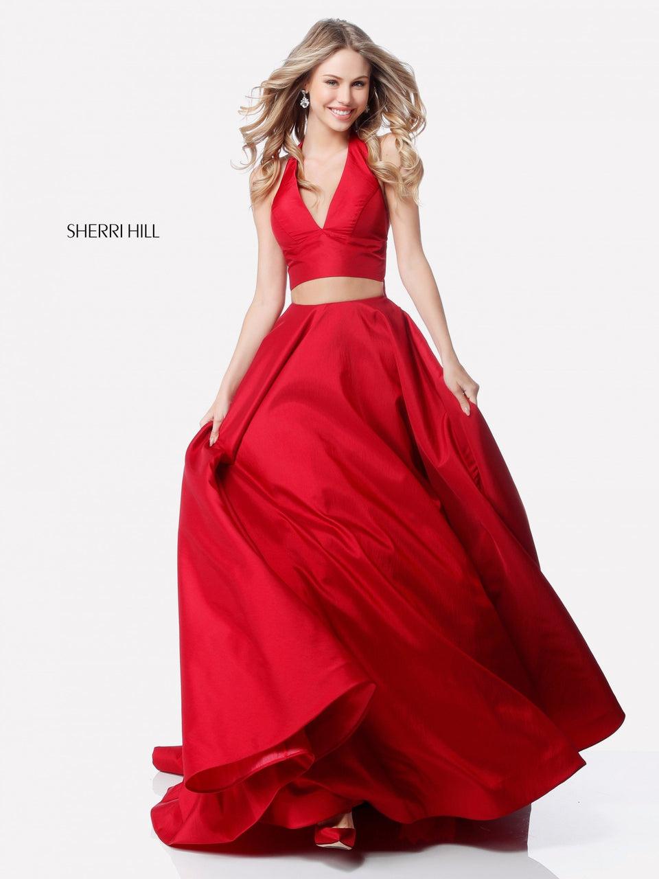 Sherri Hill Two Piece Tafetta Ball Gown With A V-neck Halter Top