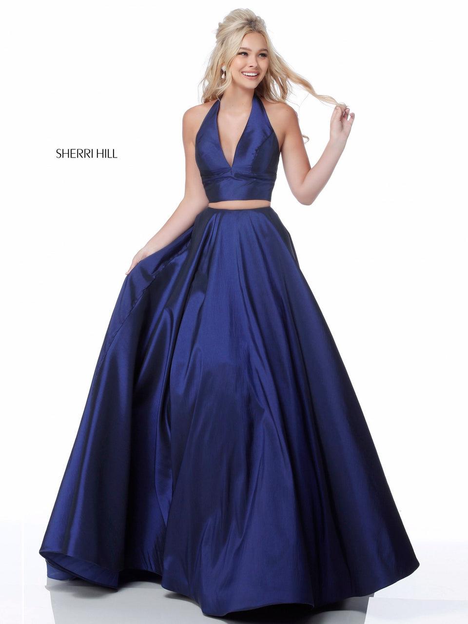 sherri hill Two piece tafetta ball gown with a V-neck halter top