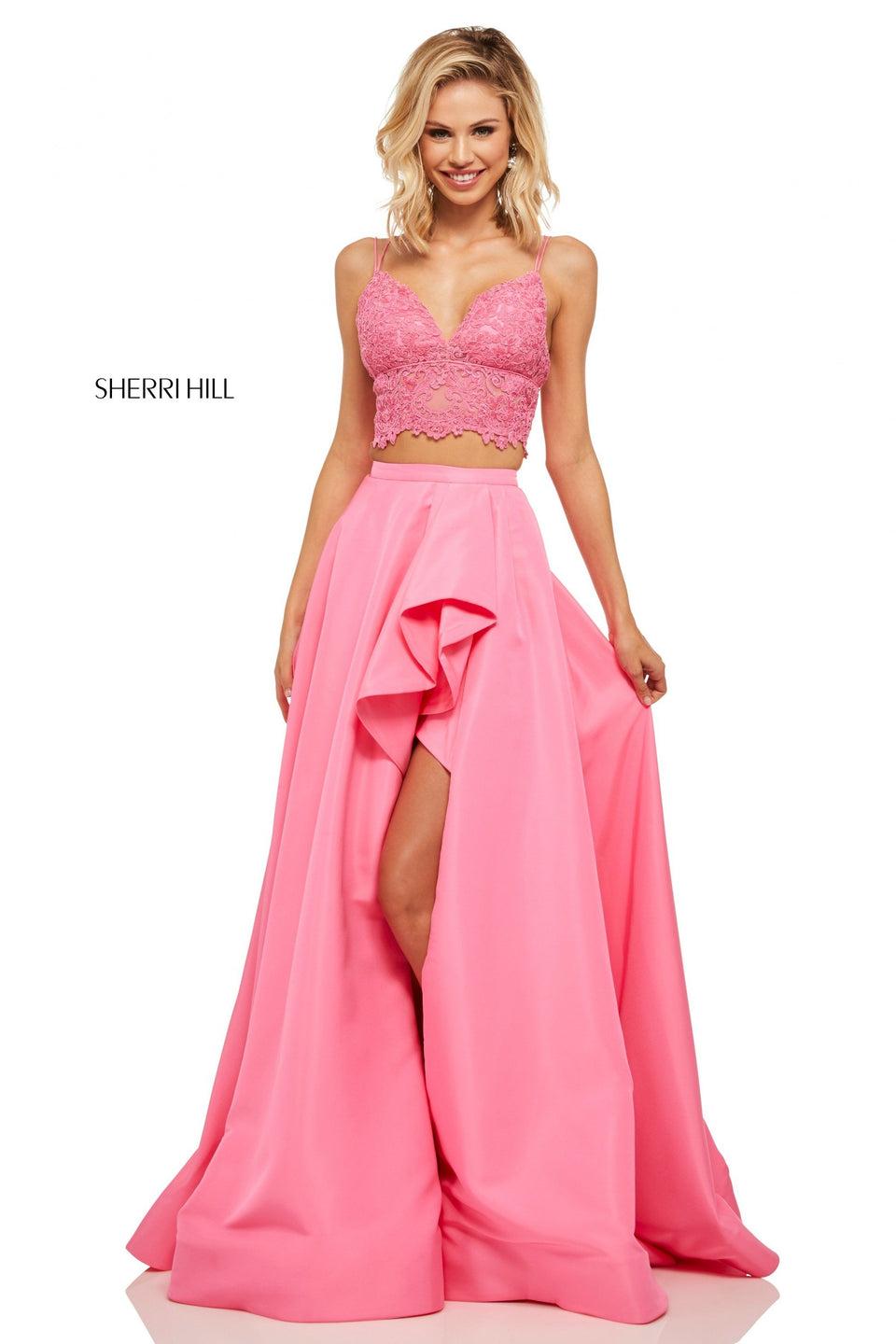 Sherri Hill Two-piece Taffeta Ballgown With Lace Bodice And Ruffle Front Slit Skirt