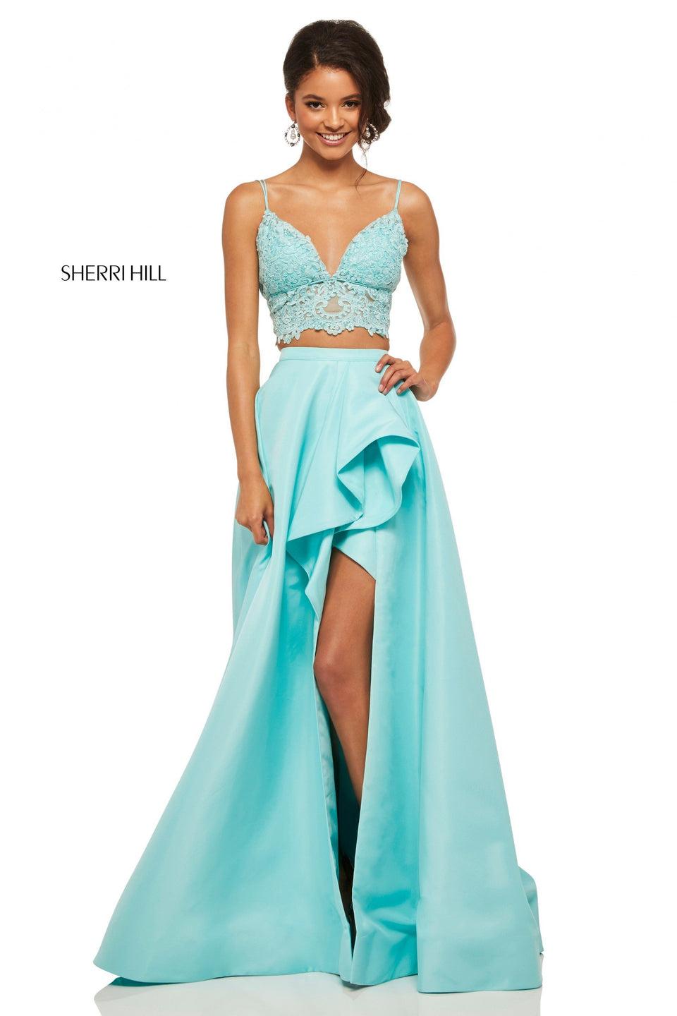 Sherri Hill Two-piece Taffeta Ballgown With Lace Bodice And Ruffle Front Slit Skirt