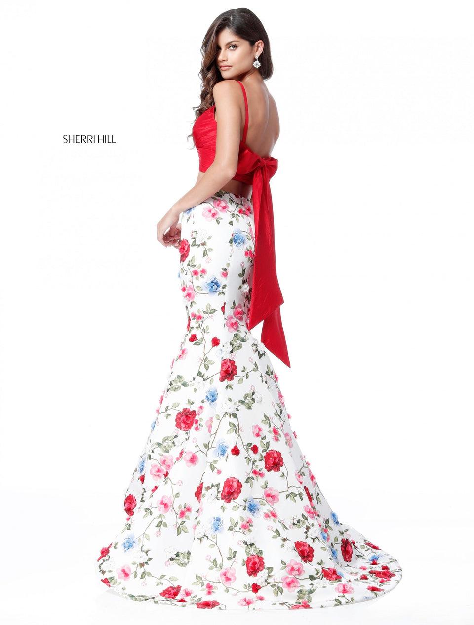 Sherri Hill Two Piece Taffeta With Front Cross Bodice And Floral Print Mermaid Skirt