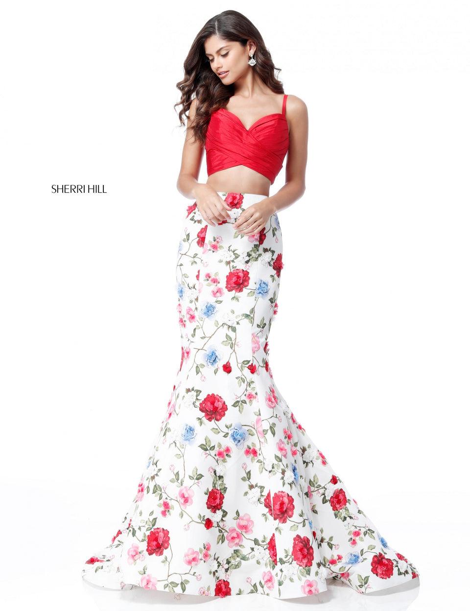 Sherri Hill Two Piece Taffeta With Front Cross Bodice And Floral Print Mermaid Skirt