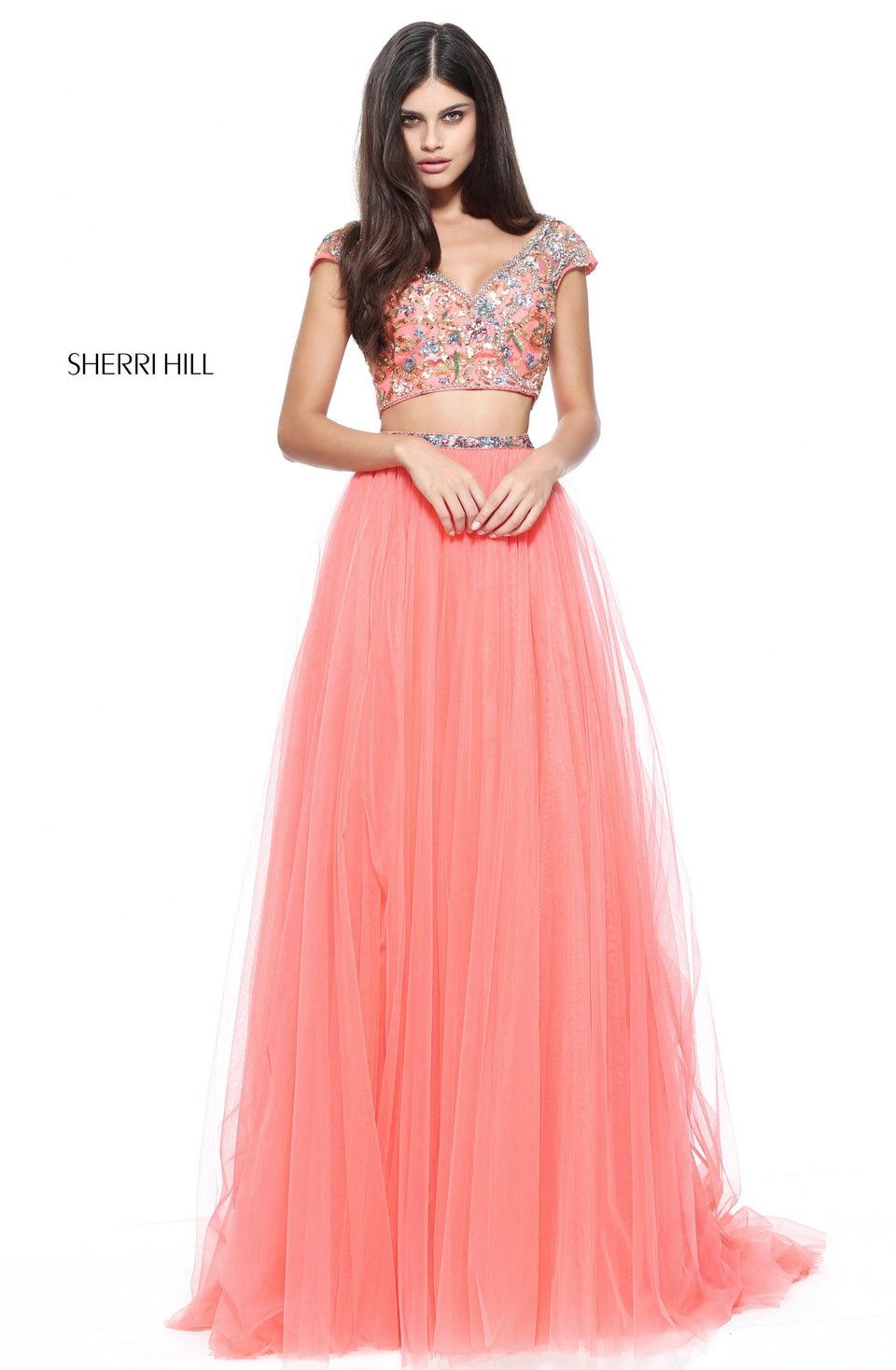 sherri hill Two-piece tulle A-line gown with a cap sleeve beaded bodice and matching waist band