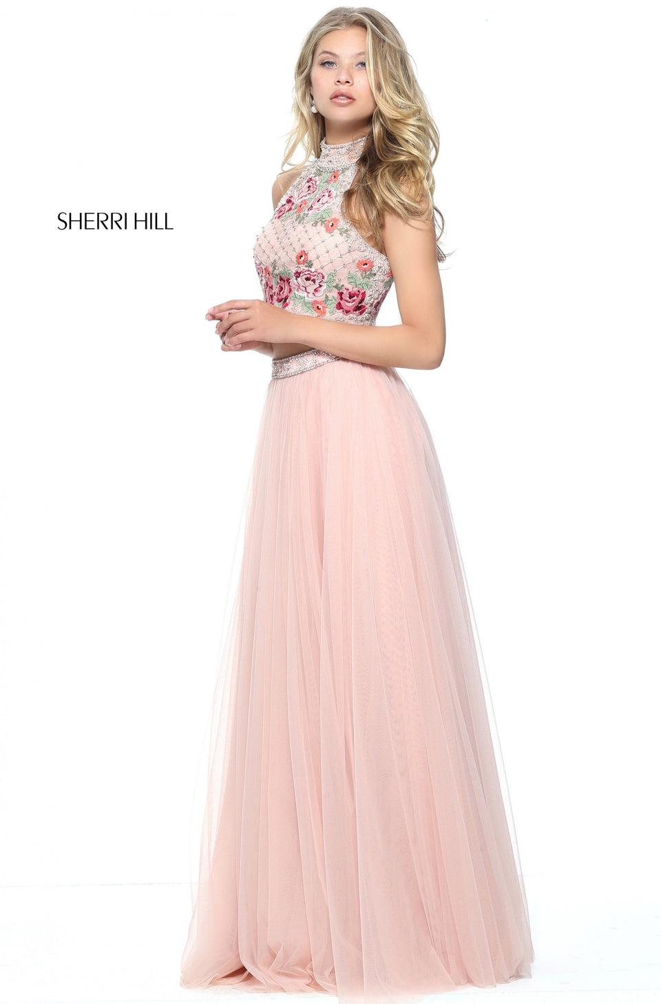 Sherri Hill Two-piece Tulle Skirt With A High Neck Cross Stitch Embroidered Bodice