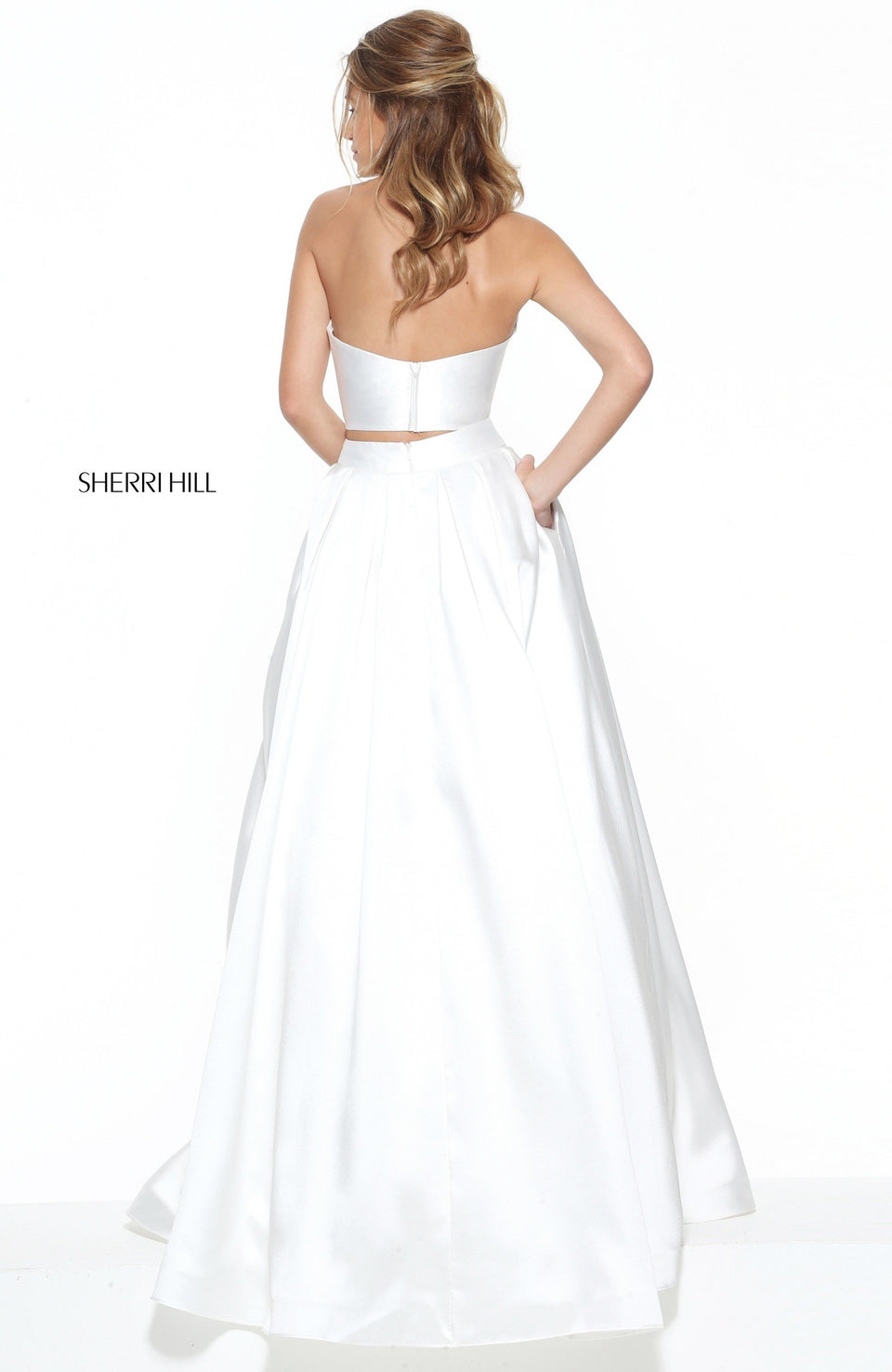 Sherri Hill Two Piece With A High Neck Halter Style Bodice And Box Pleated Ball Gown Skirt