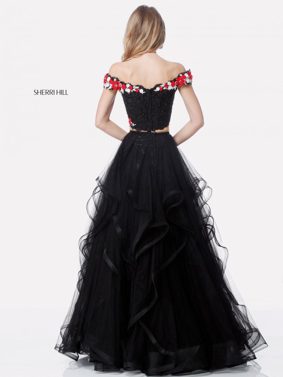 Sherri Hill Two Piece With Beaded And Flower Appliqued Bodice And Ruffle Tulle Skirt