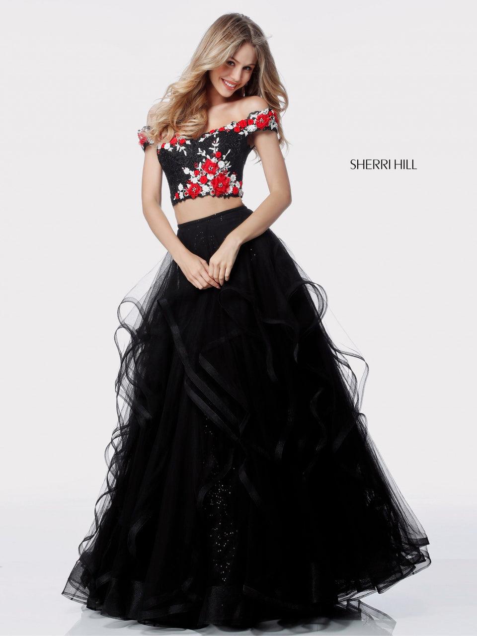 sherri hill Two piece with beaded and flower appliqued bodice and ruffle tulle skirt