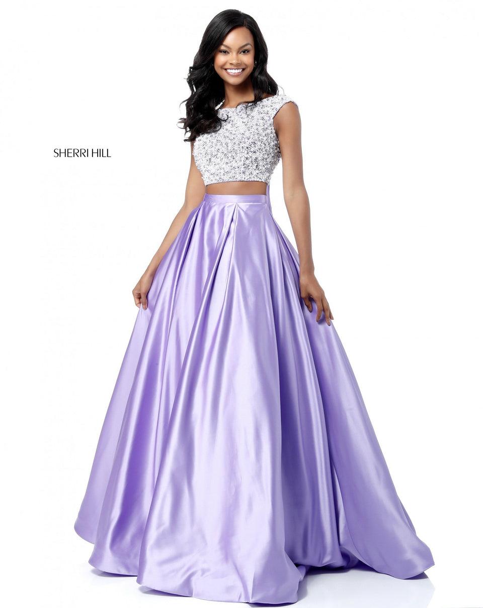 Sherri Hill Two Piece With Beaded And Pearl Encrusted Bodice With A Cut Out In The Back And A Satin Ball Gown Skirt