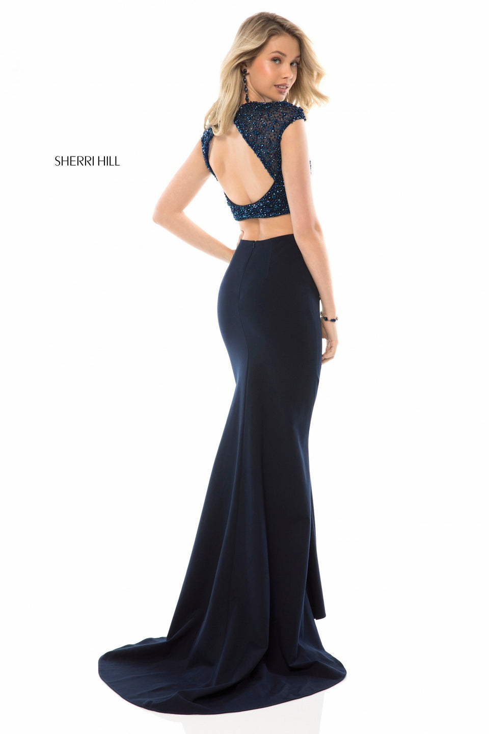 Sherri Hill Two Piece With Beaded Cap Sleeve Bodice Open Back And Fitted Jersey Skirt