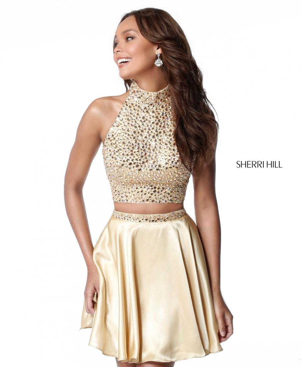 sherri hill Two piece with beaded high neck bodice and silk charmeuse cocktail skirt