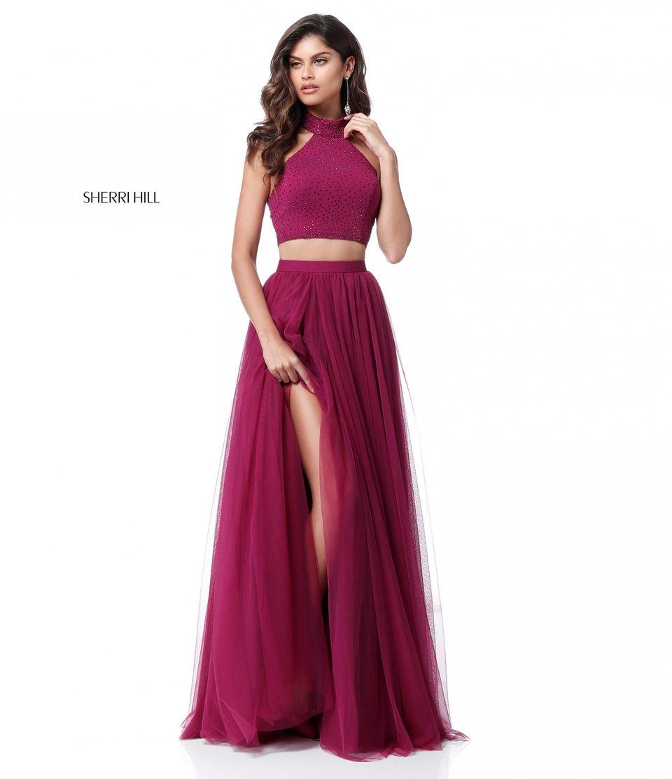 Sherri Hill Two Piece With Beaded Jersey Top And Chiffon Slit Skirt