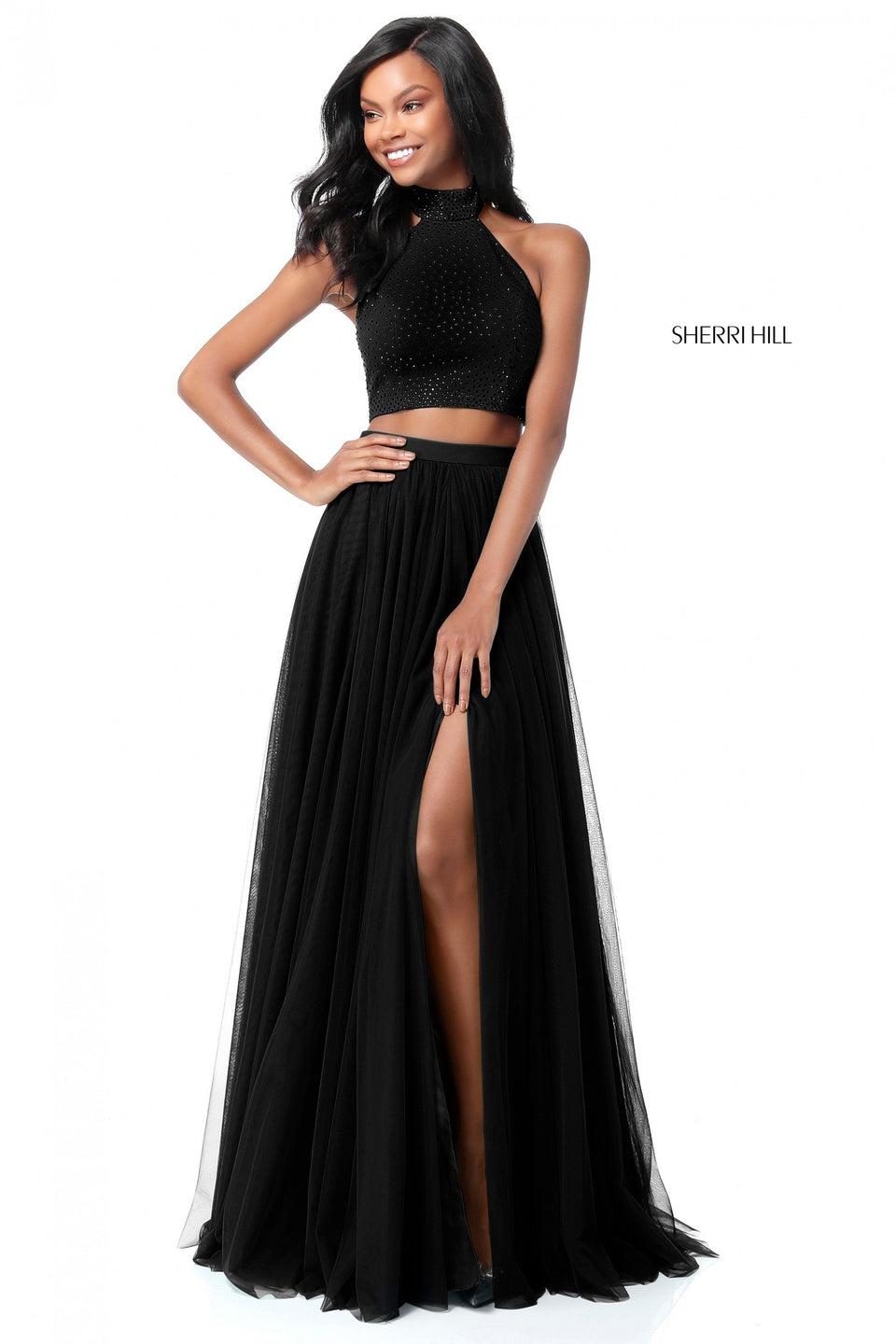 sherri hill Two piece with beaded jersey top and chiffon slit skirt