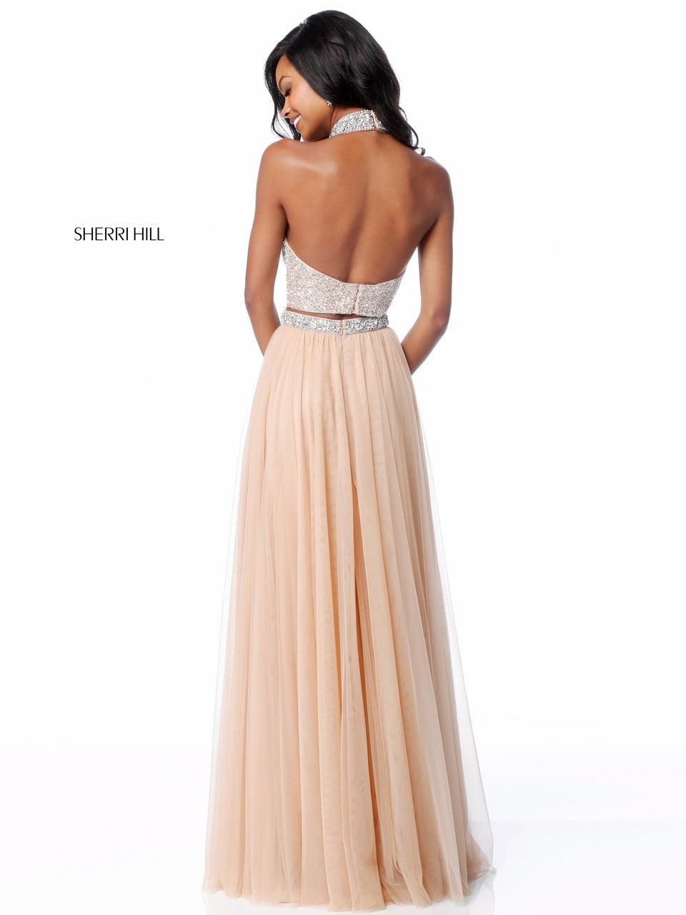 Sherri Hill Two Piece With Beaded Keyhole Halter Bodice And Chiffon Skirt With Beaded Belt