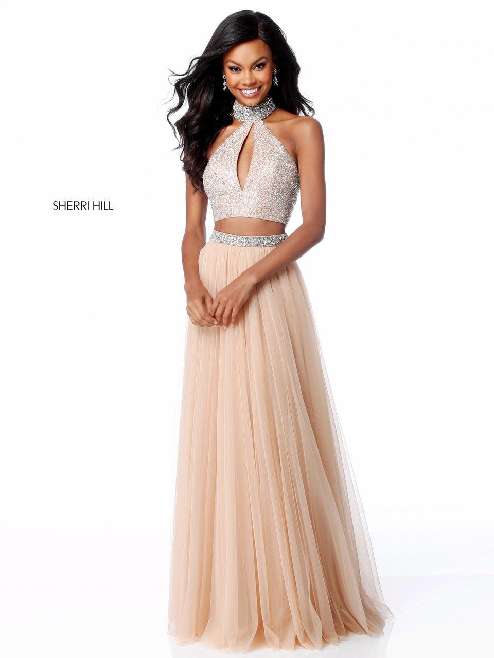Sherri Hill Two Piece With Beaded Keyhole Halter Bodice And Chiffon Skirt With Beaded Belt