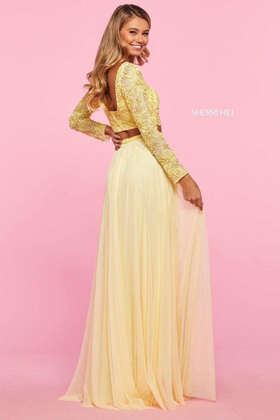 Sherri Hill Two Piece With Beaded Long Sleeve Bodice And Chiffon Skirt