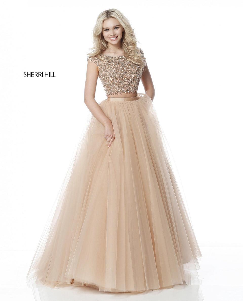 Sherri Hill Two Piece With Cap Sleeve Beaded Bodice And Tulle Ball Gown Skirt