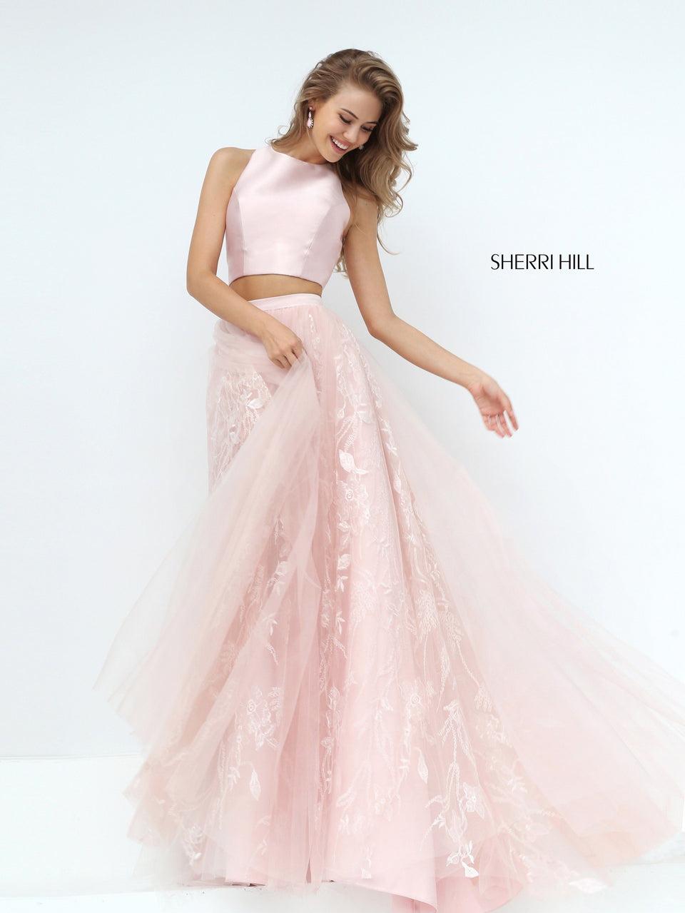 sherri hill Two-piece with cut out back and A-line tulle skirt with sequin embroidery
