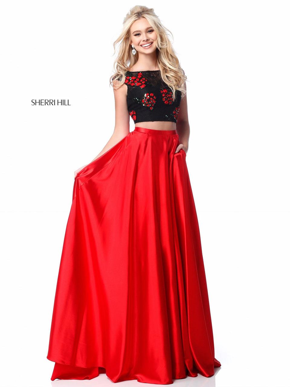 Sherri Hill Two Piece With Flower Appliqued Bodice And Charmeuse Skirt