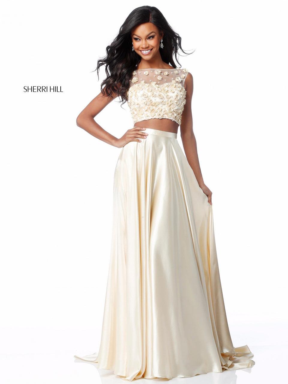 Sherri Hill Two Piece With Flower Appliqued Bodice And Charmeuse Skirt