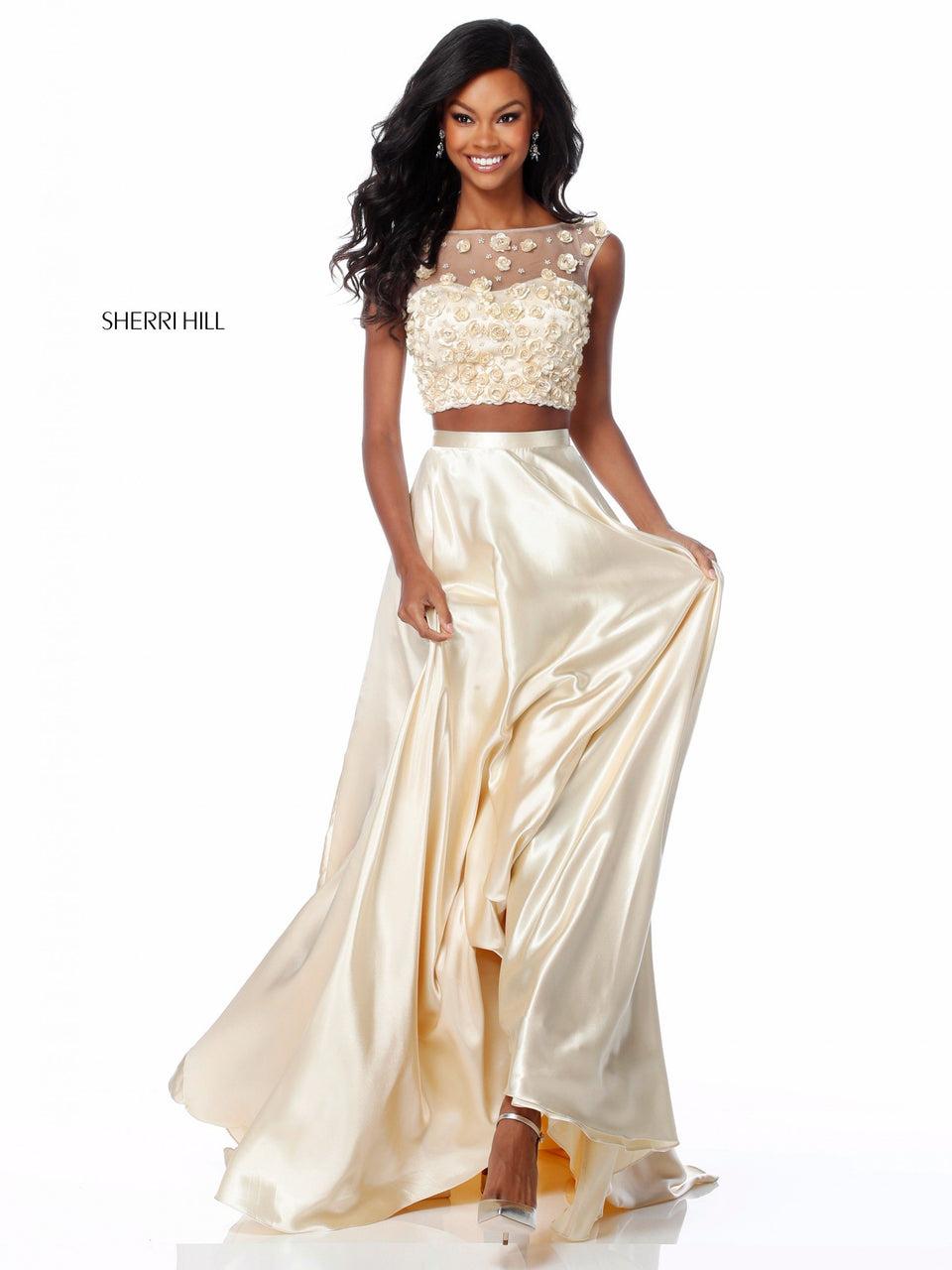sherri hill Two piece with flower appliqued bodice and charmeuse skirt
