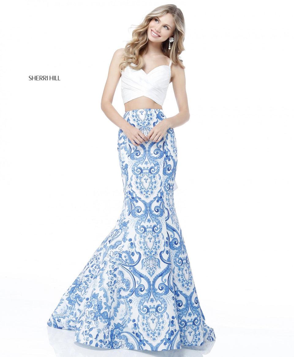 Sherri Hill Two Piece With Front Cross Sweetheart Bodice With A Bow In The Back And A Blue Ivory Print Mermaid Skirt