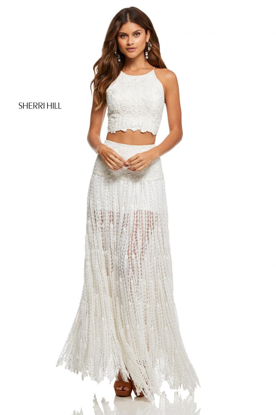 Sherri Hill Two-piece With Hand Crocheted Skirt With Embroidered Detail And And Embroidered Top With Lace Up Back