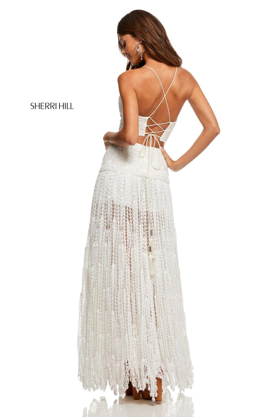 Sherri Hill Two-piece With Hand Crocheted Skirt With Embroidered Detail And And Embroidered Top With Lace Up Back