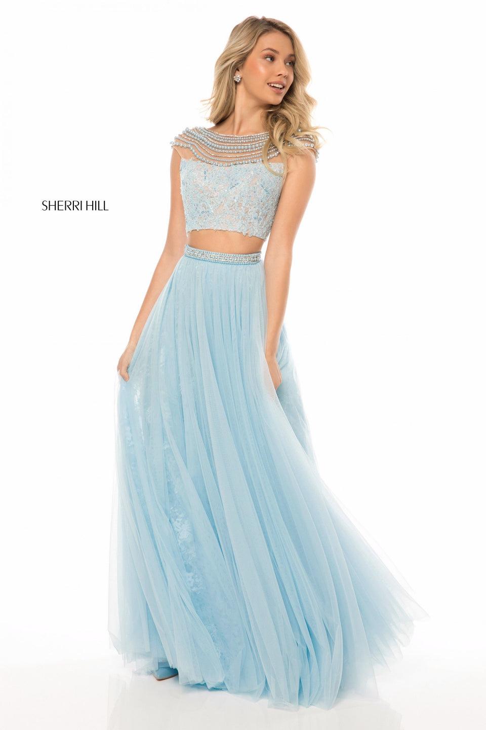 Sherri Hill Two Piece With Lace And Bead Appliqued Bodice And Tulle Skirt With Beaded Belt