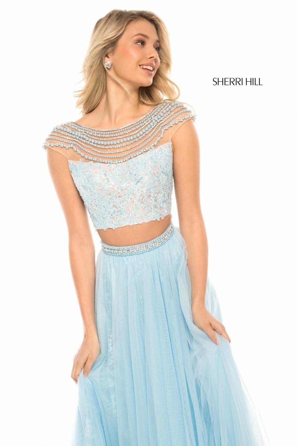 Sherri Hill Two Piece With Lace And Bead Appliqued Bodice And Tulle Skirt With Beaded Belt