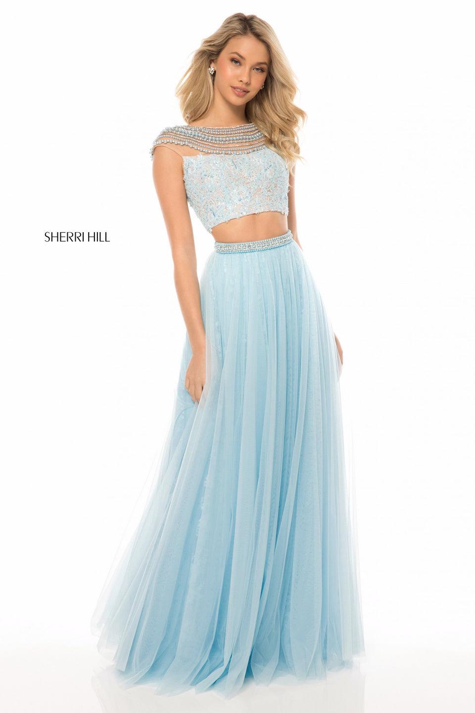 sherri hill Two piece with lace and bead appliqued bodice and tulle skirt with beaded belt
