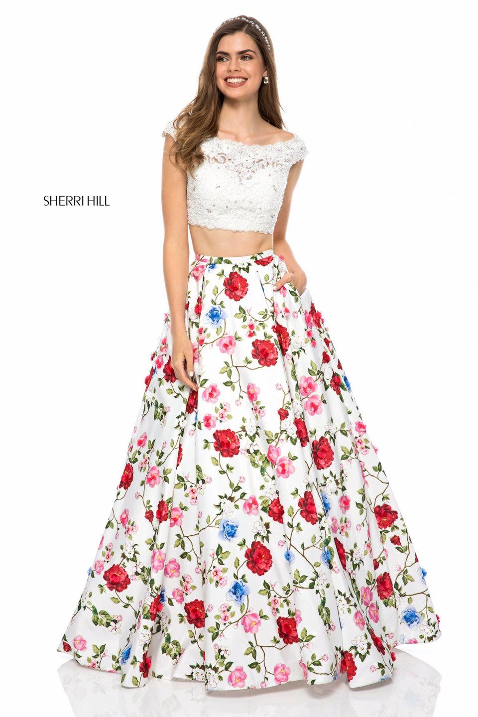 Sherri Hill Two Piece With Lace Appliqued Bodice And Floral Print Ball Gown Skirt