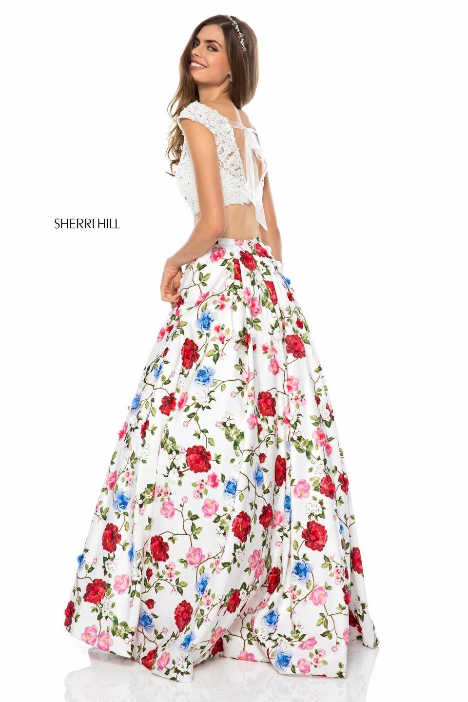 Sherri Hill Two Piece With Lace Appliqued Bodice And Floral Print Ball Gown Skirt