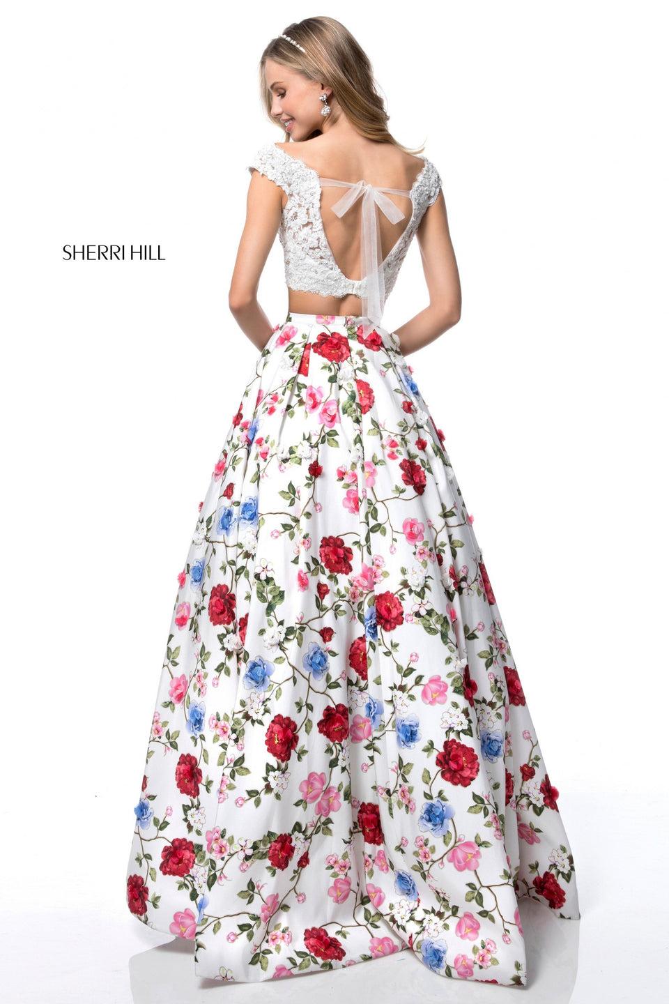 Sherri Hill Two Piece With Lace Appliqued Bodice And Floral Print Ball Gown Skirt