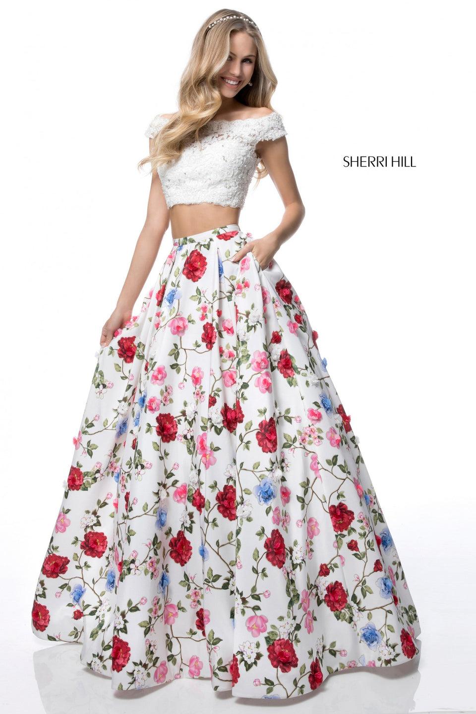 sherri hill Two piece with lace appliqued bodice and floral print ball gown skirt