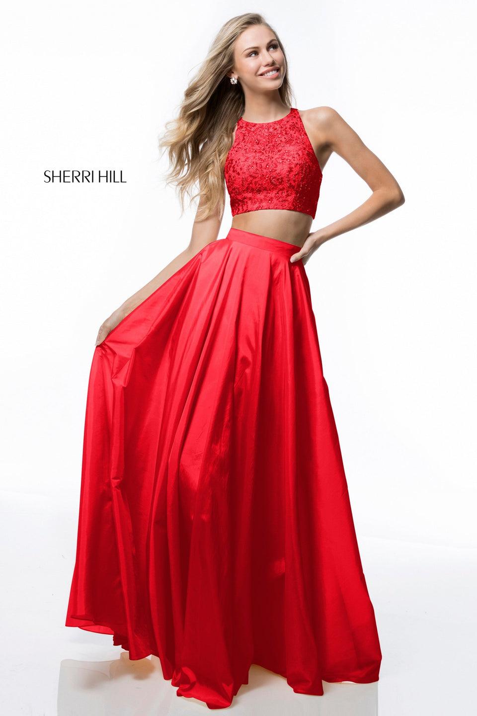 sherri hill Two piece with lace appliqued bodice and taffeta A-line skirt