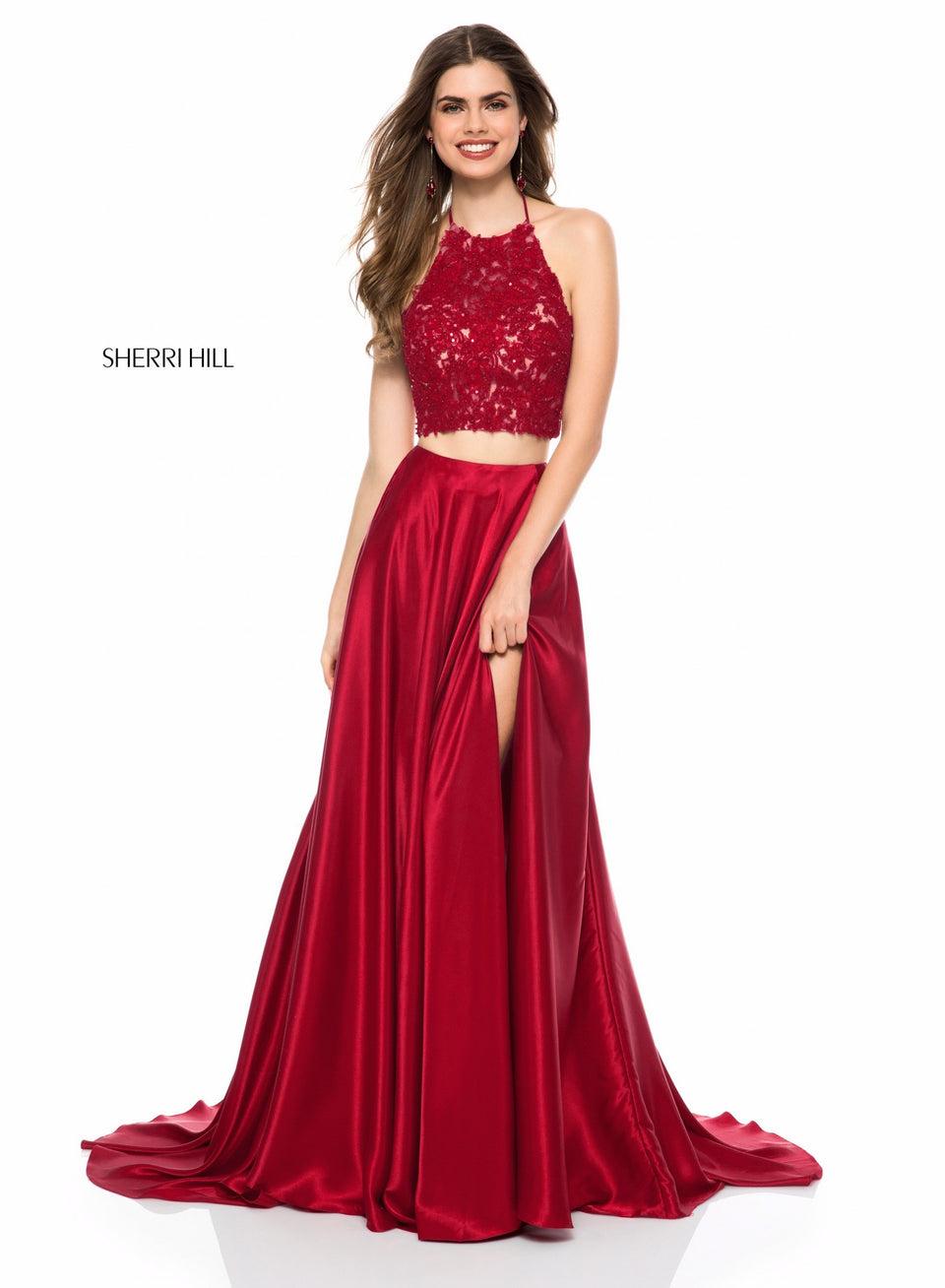 Sherri Hill Two Piece With Lace Appliqued Top And Charmeuse Slit Skirt