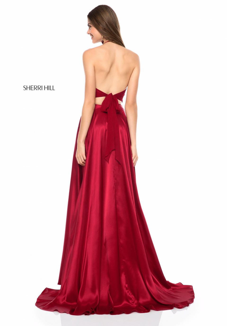 Sherri Hill Two Piece With Lace Appliqued Top And Charmeuse Slit Skirt