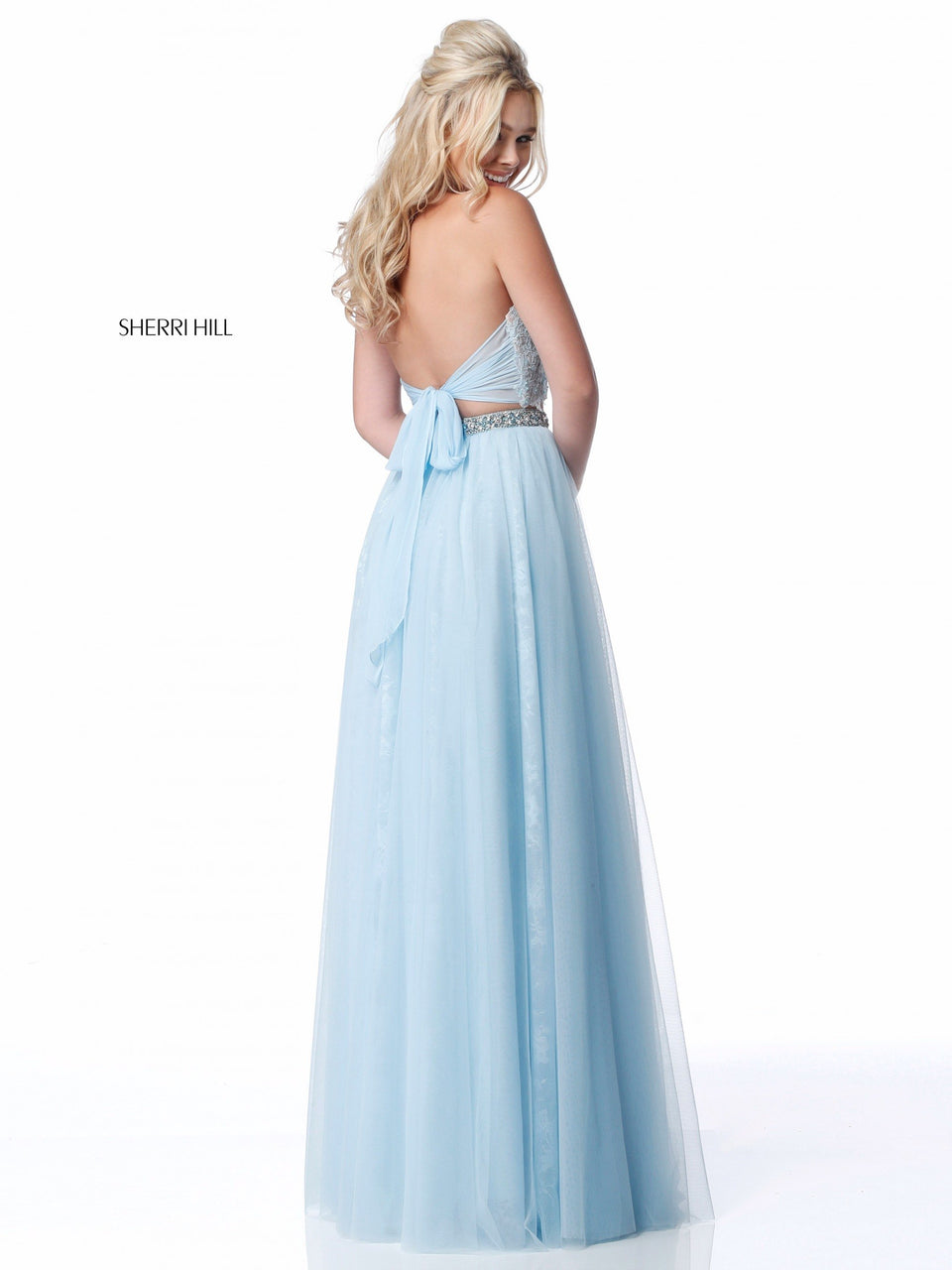 Sherri Hill Two Piece With Lace Appliqued Top And Chiffon Skirt With Bead Encrusted Belt
