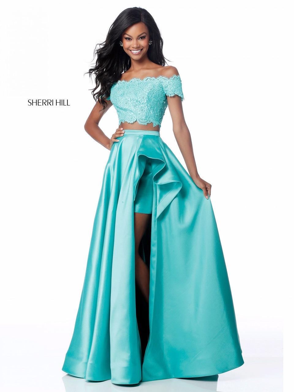 Sherri Hill Two Piece With Lace Off-the-shoulder Crop Top And Satin Skirt With Ruffled Side Opening