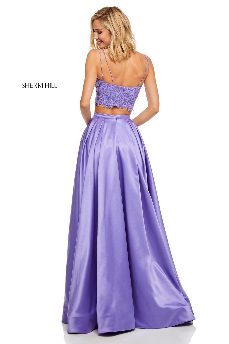 Sherri Hill Two-piece With Lace Top And Satin Skirt With Ruffled Skirt Slit