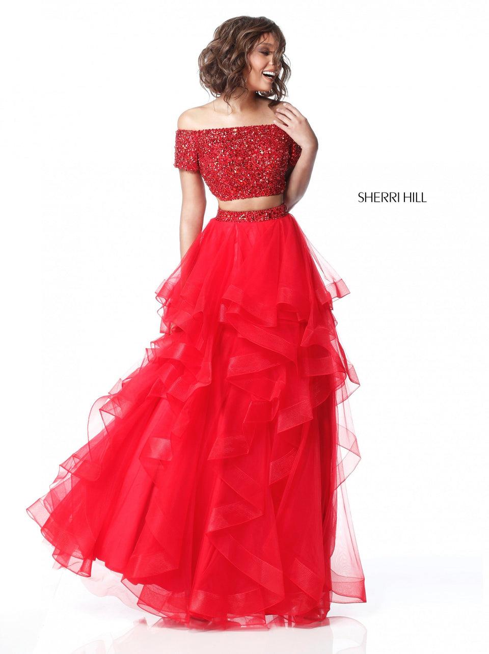 Sherri Hill Two Piece With Layered Tulle Ball Gown Skirt And Beaded Off-the-shoulder Bodice