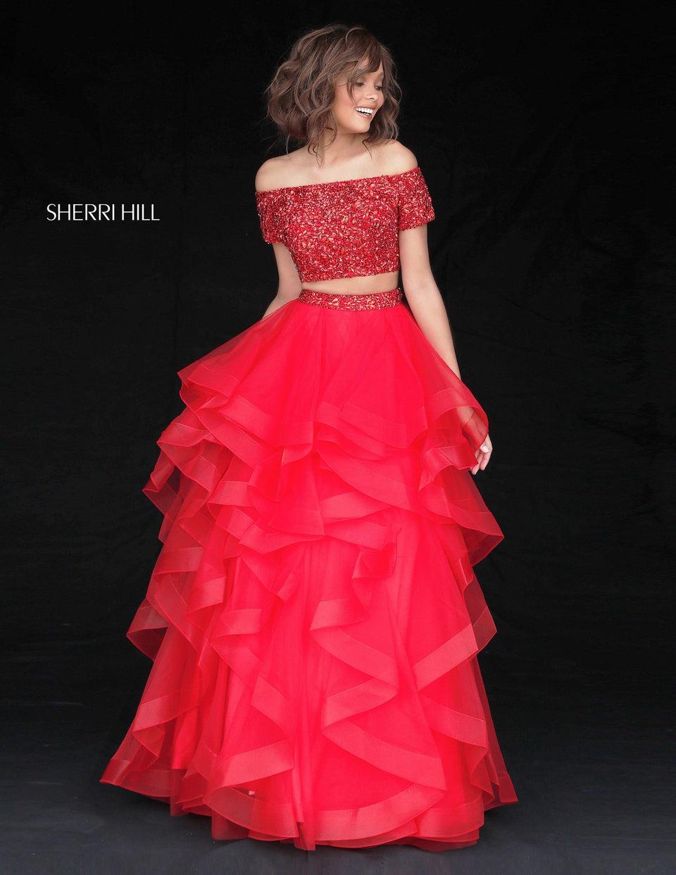 sherri hill Two piece with layered tulle ball gown skirt and beaded off-the-shoulder bodice
